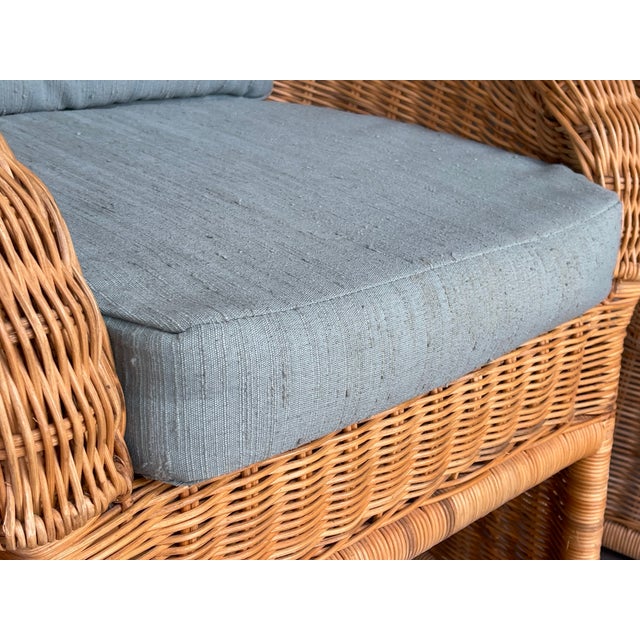 Vintage Organic Modern Wicker Pedestal Dining Table & 4 Barrel Chairs, 48” Glass Top For Sale - Image 15 of 17