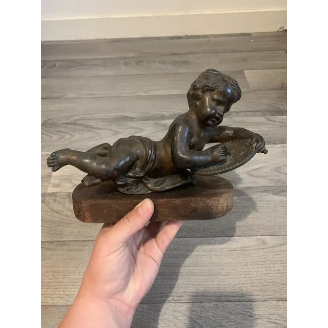 18thc French Antique Renaissance Bronze Sculpture "Reclining Cherub Artist" For Sale In Miami - Image 6 of 12