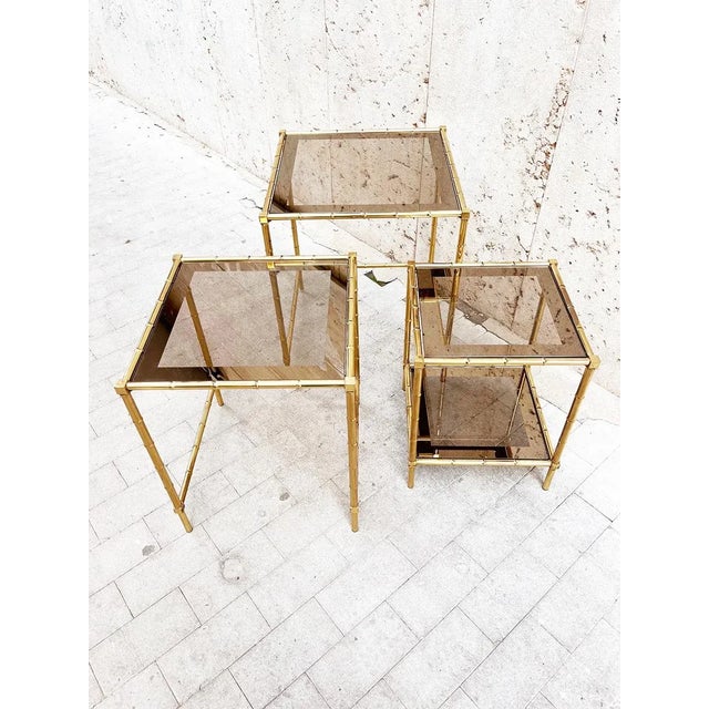 Set of 3 vintage 1970s bamboo brass coffee tables - top design year: 1970s, made in italy, designed by tommaso barbi...