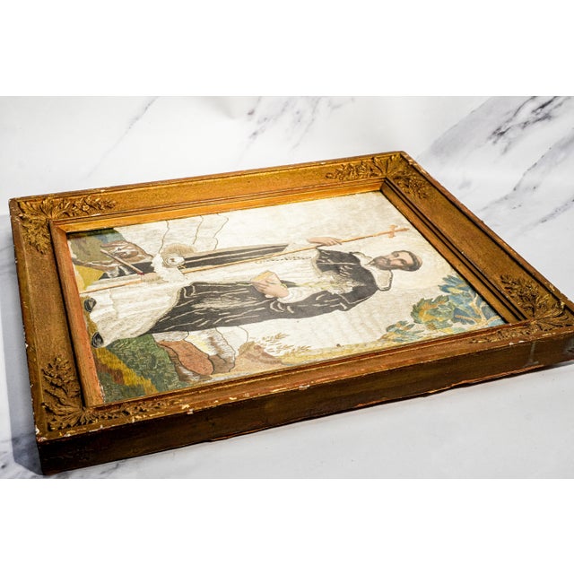 Stunning Antique 19th Century Saint Dominic Needlework Embroidery Victorian Catholic Religious Textile in Gilt Frame Wall Home Decor Art For Sale - Image 13 of 14