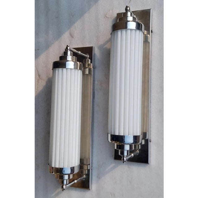 1940s Vintage Art Deco Skyscraper Wall Sconces Fixture in Nickel Brass & Milk Glass - a Pair For Sale - Image 5 of 7
