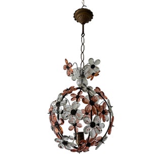 1920s French Peach Flower Ball Crystal Prisms Maison Baguès Style Chandelier For Sale