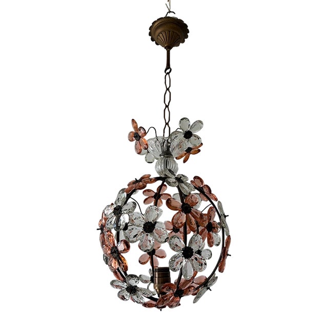 1920s French Peach Flower Ball Crystal Prisms Maison Baguès Style Chandelier For Sale
