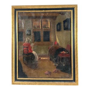 Antique 1920 Dutch Interior Oil Painting M Fenneker After Pieter De Hooch