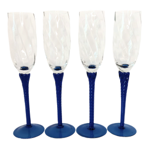 Vintage Cobalt Blue Twisted Stem Champagne Glasses Clear Arabesque Weave Body - Set of 4