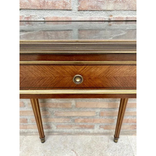 Metal Neoclassical Mahogany Side Table with Fluted Legs and Green Marble, 1920s For Sale - Image 7 of 12