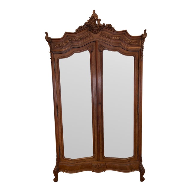 19th Century French Louis XV Style Walnut Armoire With Beveled Mirror Doors, Circa 1880 For Sale