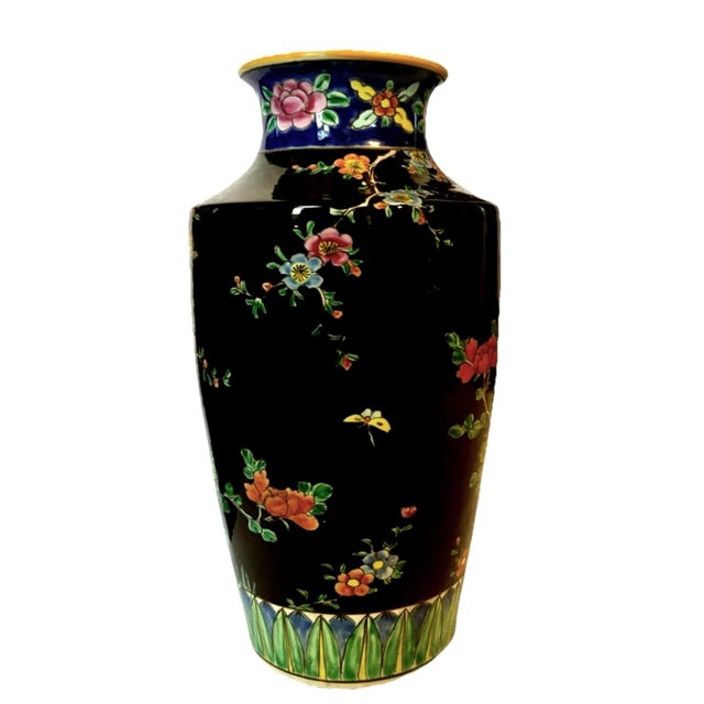 Japanese Black Enameled Bird of Paradise Porcelain Vase, Circa 1930 For Sale - Image 4 of 8