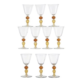 Vintage Murano Glass Champagne Coupes, Peach and Gold-Leaf Ribbed Stems, Set of Ten For Sale