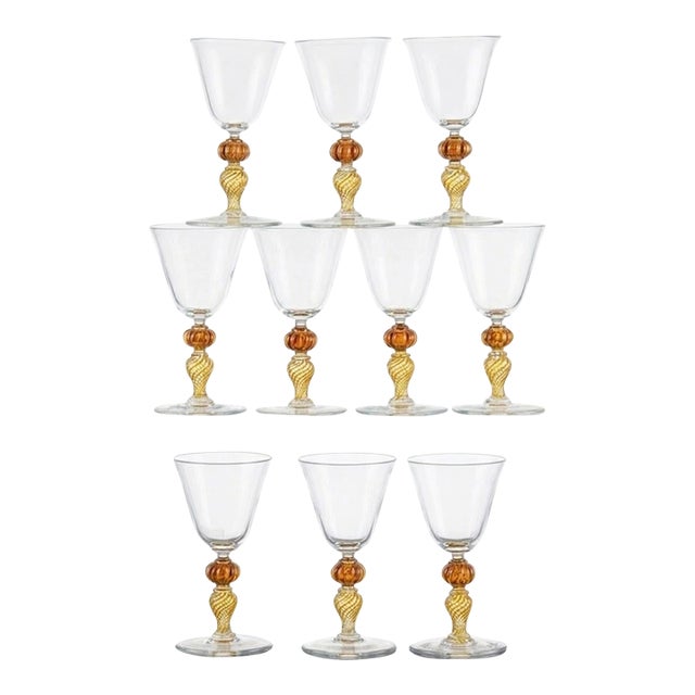 Vintage Murano Glass Champagne Coupes, Peach and Gold-Leaf Ribbed Stems, Set of Ten For Sale