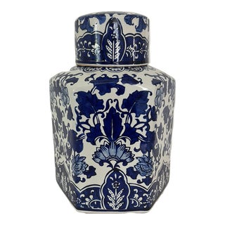 1980s Hexagonal Blue and White Ginger Jar For Sale