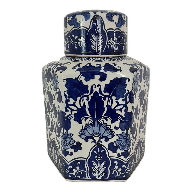1980s Hexagonal Blue and White Ginger Jar For Sale
