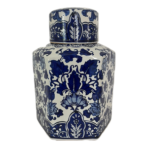 1980s Hexagonal Blue and White Ginger Jar