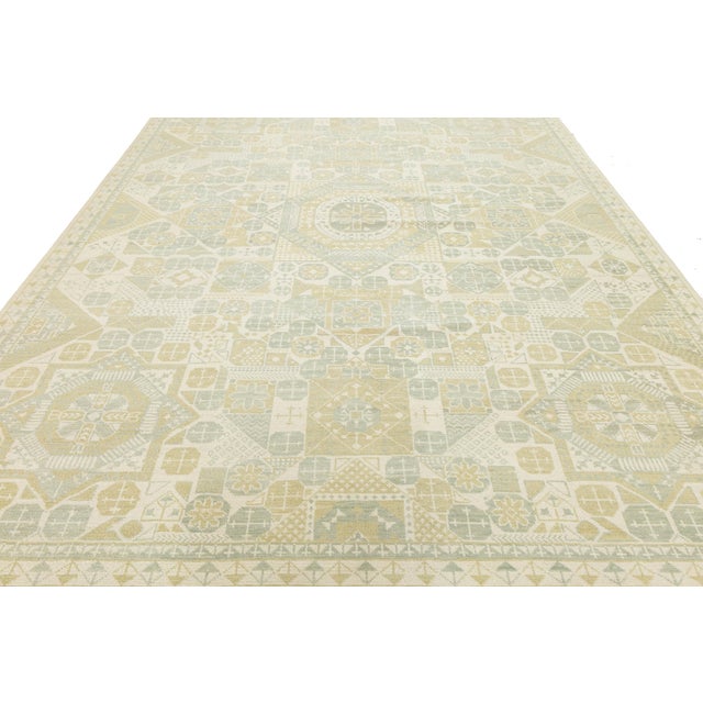 Modern Khotan Style Hand-Knotted Wool Area Rug – Geometric Muted Pastels 10x14 For Sale - Image 9 of 10