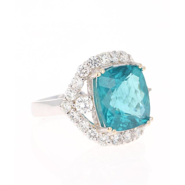 10.08 Carat Cushion Cut Apatite Diamond White Gold Cocktail Ring! This ring has a large and gorgeous 8.52 carat Apatite in...