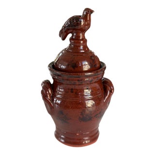 2000 Signed Foltz Redware Mini Lidded Jar With Bird Finial, Sponge Glaze *Repaired For Sale