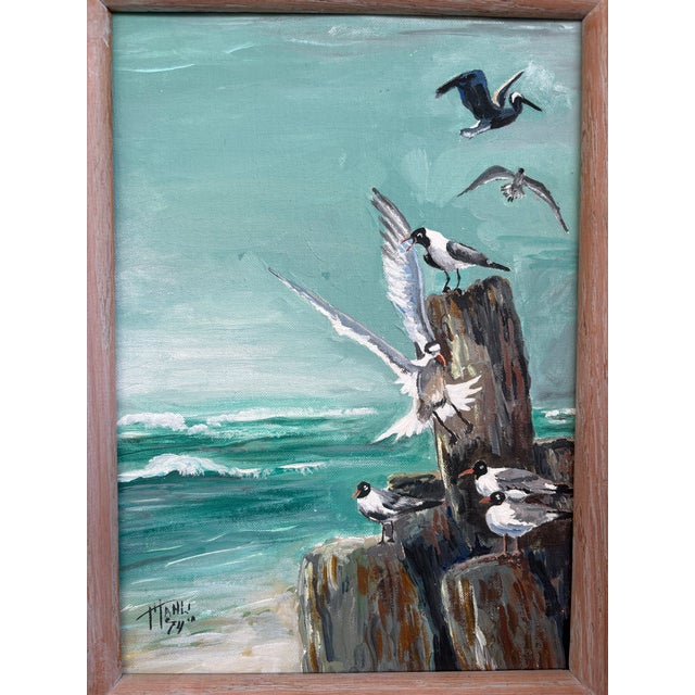 Coastal Vintage 1974 Signed Coastal Seabird Painting “Rest-Awhile” by Mahé For Sale - Image 3 of 6