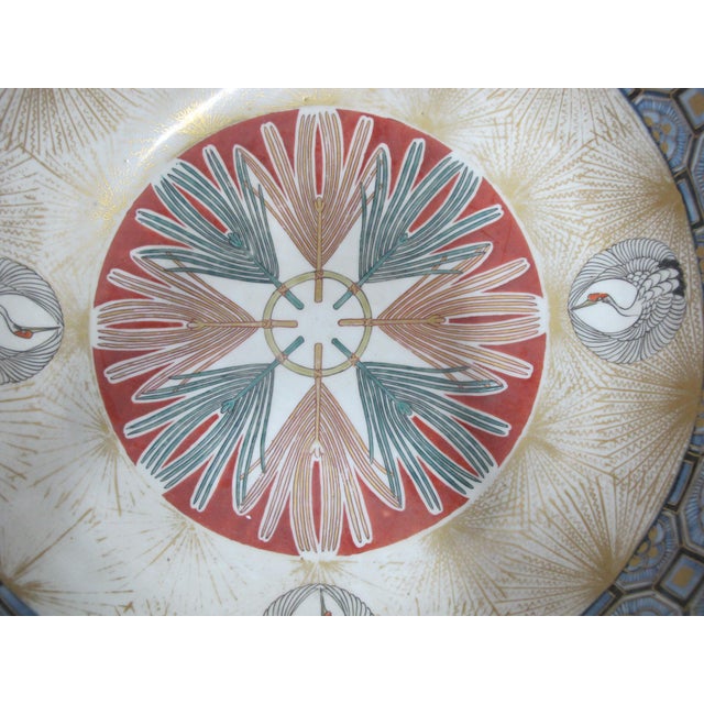 Early 20th Century Large Japanese Porcelain Intricate Imari Crane & Lotus Flower Design 14.5" Bowl For Sale - Image 5 of 10