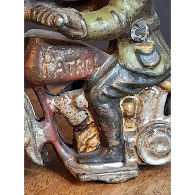Antique 1930s Hubley Cast Iron "Patrol" Cop Police Motorcycle Toy | Green Paint & Integral Officer Rider 6.25" For Sale - Image 14 of 17