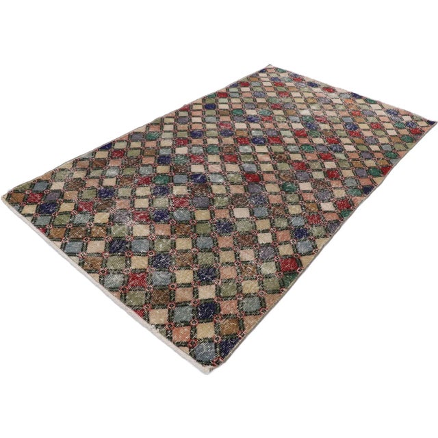 distressed vintage Turkish Sivas rug with romantic Mid-Century Modern style. This hand knotted wool distressed vintage...