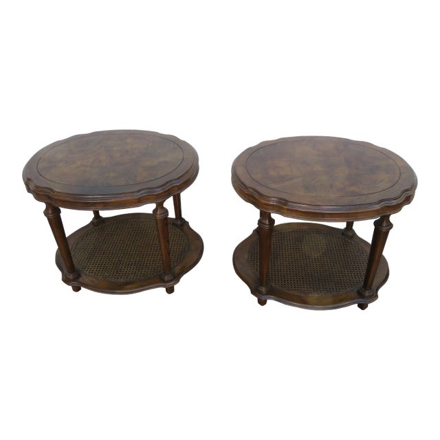 Ethan Allen French Two Tiers Oval Caned End Side Tables a Pair For Sale