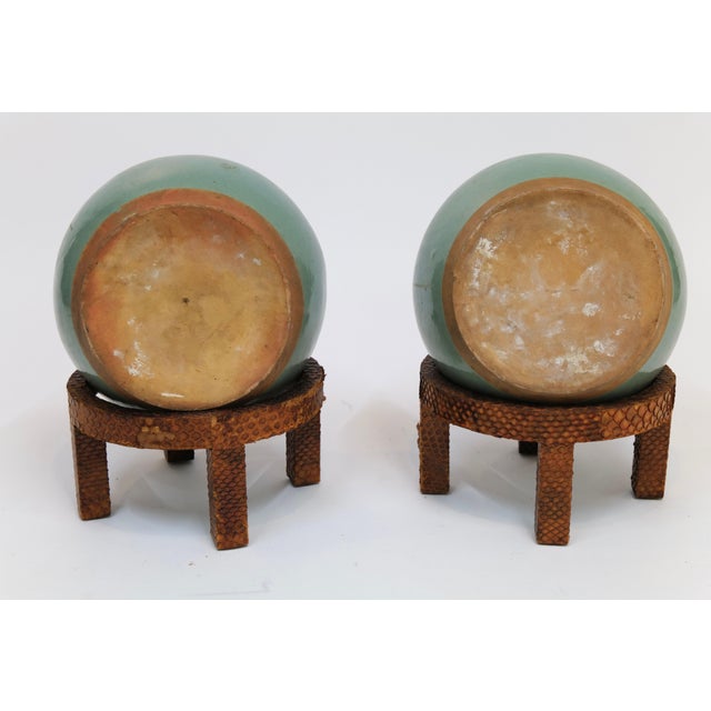 Wood Pair of Vintage Mint Green Ceramic Planters on Wrapped Wood Stands For Sale - Image 7 of 17
