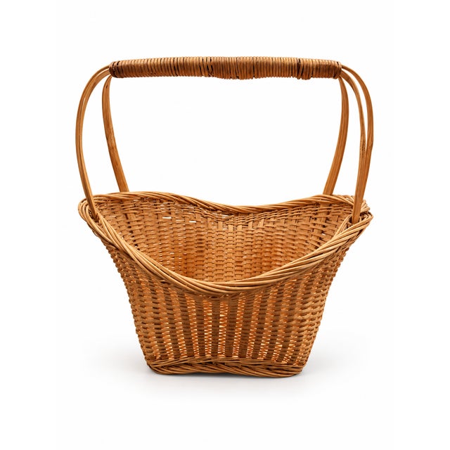 Camel Vintage Wicker Gathering Basket With Wrapped Bamboo Handle For Sale - Image 8 of 8