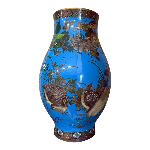 Meiji Japanese Cloisonne Enamel Vase With Quail, Insects, Fruit, and Flowers For Sale