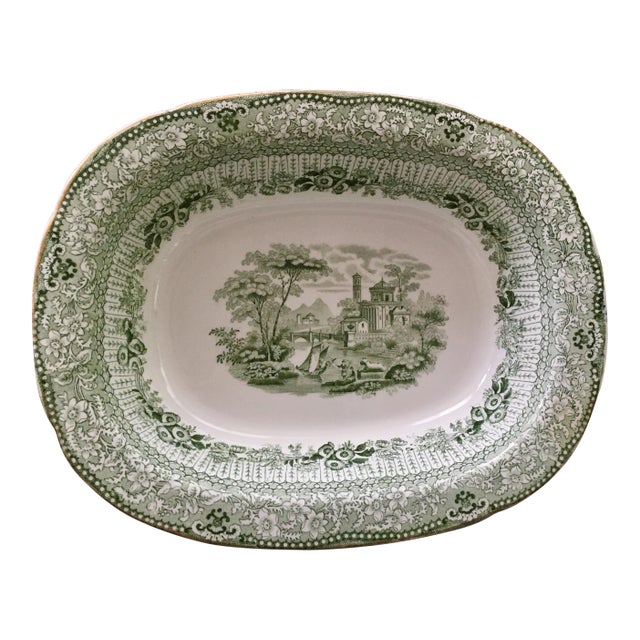 Ridgway Green & White Transferware Serving Dish with Gold Trim For Sale