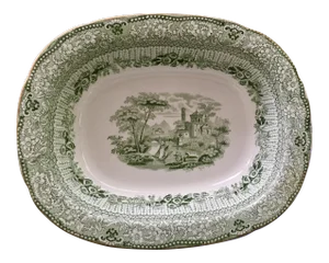 Ridgway Green & White Transferware Serving Dish with Gold Trim