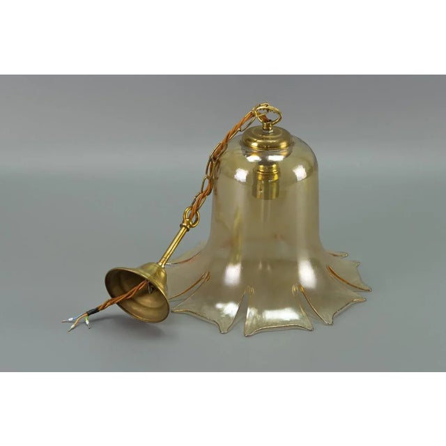 Vintage Bell-Shaped Glass and Brass Pendant Lamp For Sale - Image 12 of 17