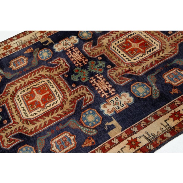 Navy Blue Wool Rug Vintage Heriz Allover Design For Sale In New York - Image 6 of 11
