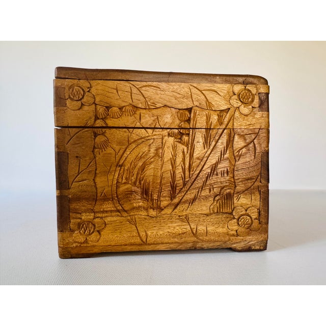 Vintage Chinese Hand Carved Hardwood Jewelry Box Scenic Relief Brass Lock For Sale - Image 6 of 13