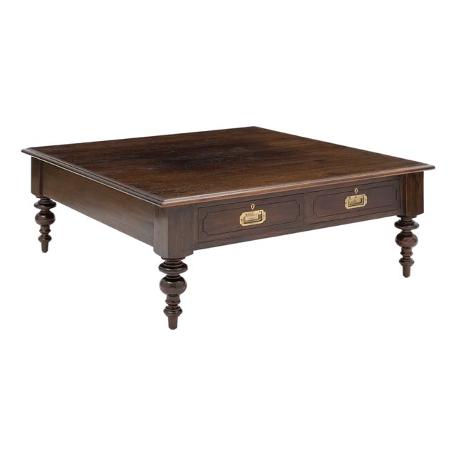 Ralph Lauren Campaign Style Wood & Brass Mounted Coffee Cocktail Table For Sale