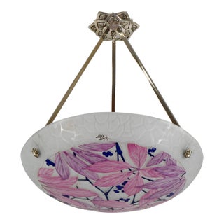 Loys Lucha French Art Deco Pendant Light 1930s - Enameled Pink Foliage Bowl For Sale