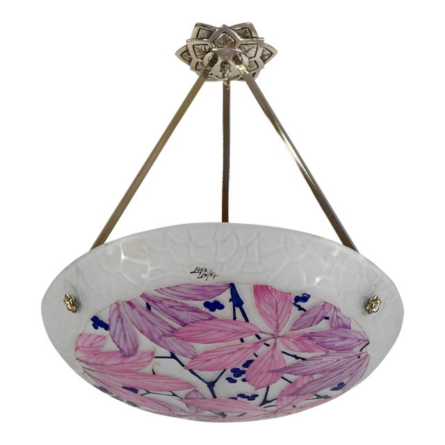Loys Lucha French Art Deco Pendant Light 1930s - Enameled Pink Foliage Bowl For Sale