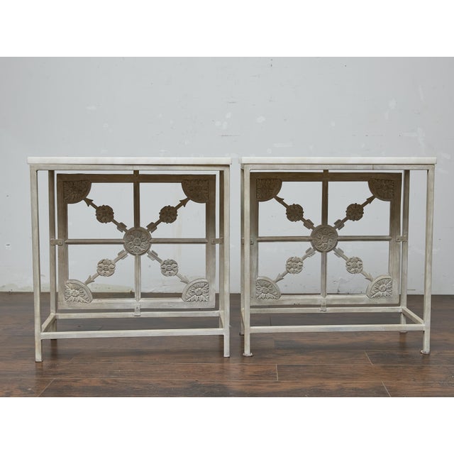 19th Century Pair of French Painted Iron Consoles With Carved Wood Panels and Marble Tops For Sale In Atlanta - Image 6 of 11