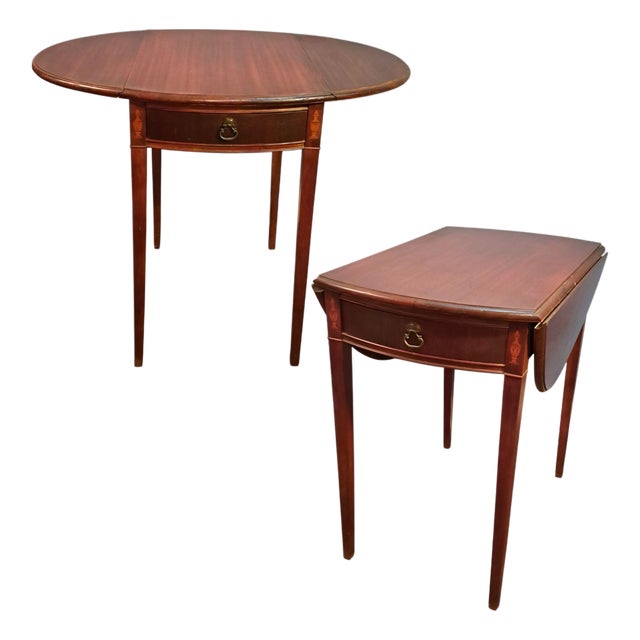 Mid 20th Century Pair of Hickory Chair Style Drop Leaf Side Tables With Fan Inlay and Brass Pulls For Sale