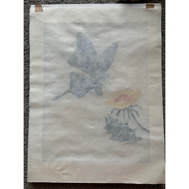 1970s 1970s Original Gouache Painting of Flower and Butterfly For Sale - Image 5 of 6