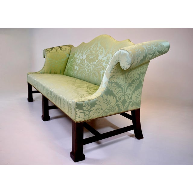 Light Green Custom George III Mahogany Camel Back Sofa With Damask Silk Upholstery For Sale - Image 8 of 16