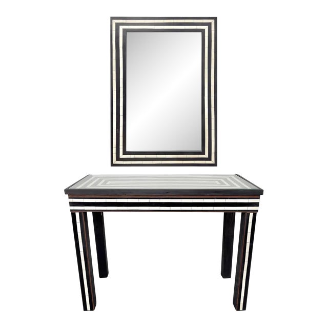 Mid-Century Modern Resin Black & White Console & Mirror a Set 2 Pcs For Sale
