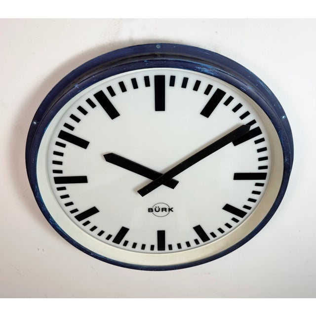 Industrial German Blue Factory Wall Clock from Burk, 1960s For Sale - Image 4 of 18