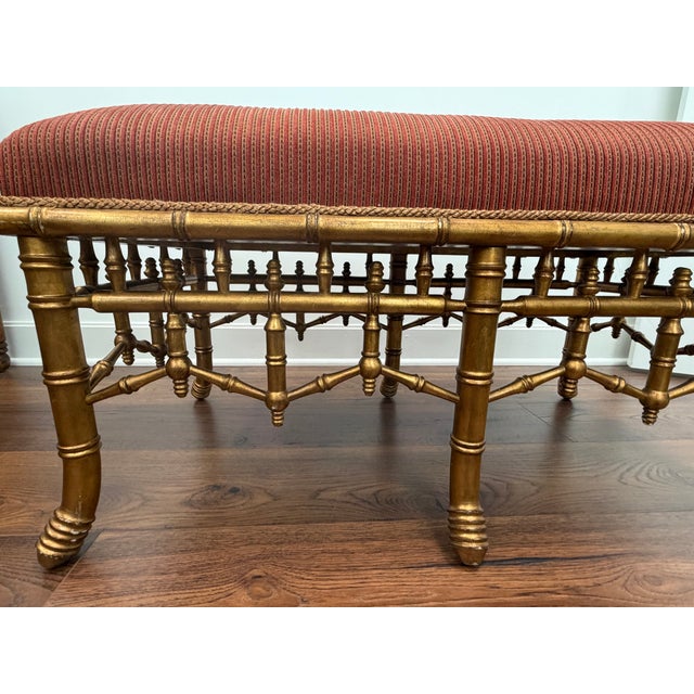 Early 21st Century Gilt Finished Faux Bamboo Chinese Chippendale Upholstered Styled Bench For Sale - Image 5 of 6