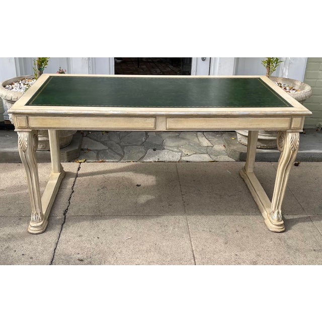 Regency Style Dennis & Leen Green Leather Top White & Silver Writing Table Desk For Sale In Los Angeles - Image 6 of 6