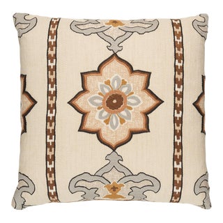 Schumacher Temara Embroidered Print Pillow in Natural 22" For Sale