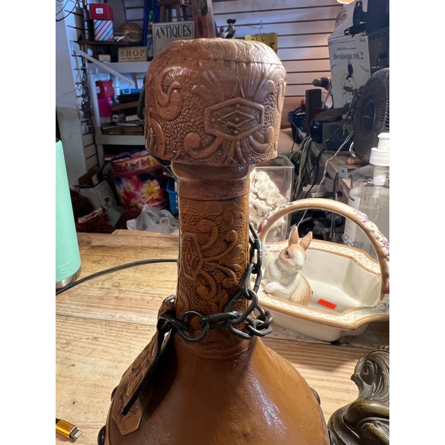 Mid 20th Century Leather Wrapped Glass Decanter With Embossed Don Quixote Figure by Miguel De Cervantes Poems For Sale - Image 4 of 10