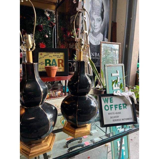 Mid-Century Modern 1970s Mid-Century Modern Black Ceramic Table Lamps With Gold Accents and Shades Included - a Pair For Sale - Image 3 of 8