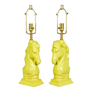 1950's Mid-Century Chartreuse Horse Chess Piece Lamps - a Pair For Sale