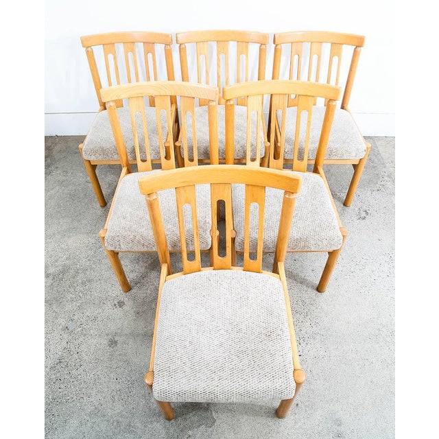 Wood Mid Century Modern Dining Chairs Set 6 Oatmeal Tweed Solid Wood Vintage Fabric For Sale - Image 7 of 11