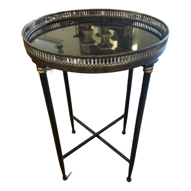 Traditional Black Marble Top Round End Table With Brass Gallery For Sale